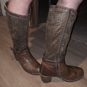 Brown Plaid Leather Knee-High Boots - Women's